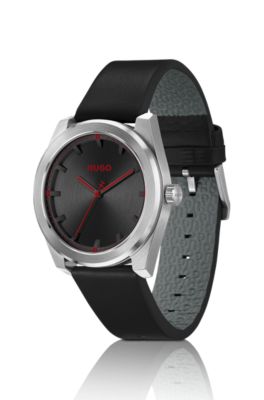 Leather-strap watch with brushed black dial, Black