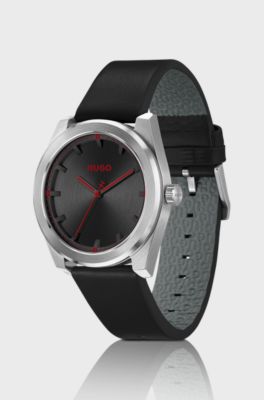 Leather-strap watch with brushed black dial, Black