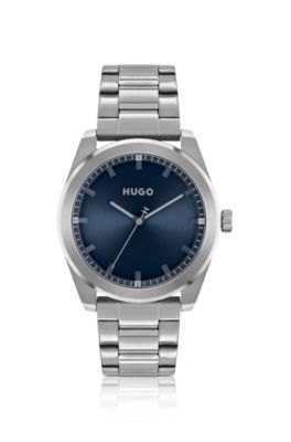 Link-bracelet watch with brushed blue dial, Silver
