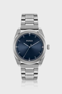 Link-bracelet watch with brushed blue dial, Silver
