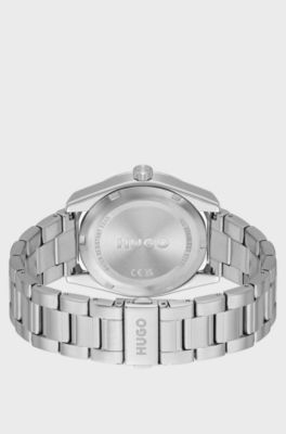 Link-bracelet watch with brushed blue dial, Silver