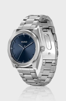 Link-bracelet watch with brushed blue dial, Silver