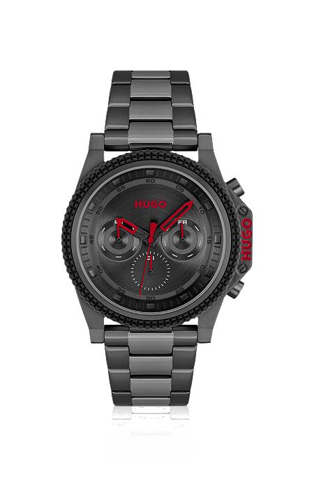 Horloge met geschakelde polsband, zwarte wijzerplaat en siliconen lunette, Grijs