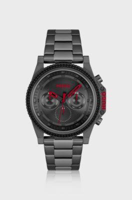 Link-bracelet watch with black dial and silicone bezel, Grey