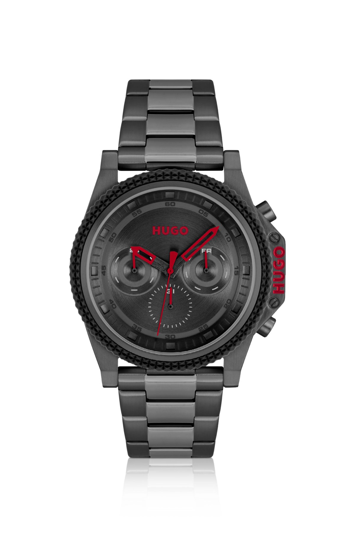 Link-bracelet watch with black dial and silicone bezel, Grey