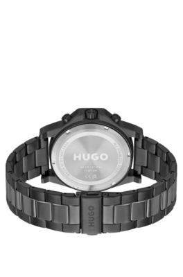 Link-bracelet watch with black dial and silicone bezel, Grey