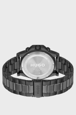Link-bracelet watch with black dial and silicone bezel, Grey