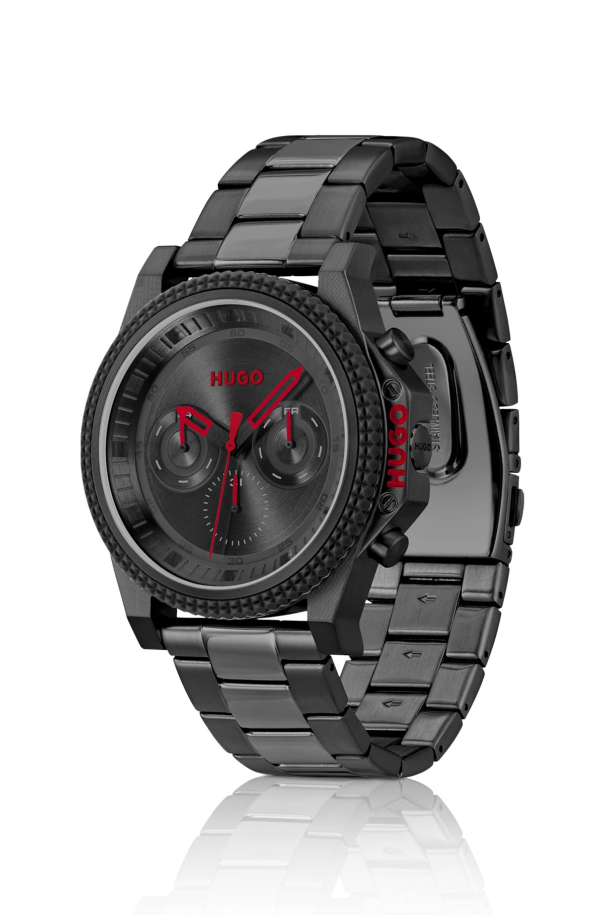 Link-bracelet watch with black dial and silicone bezel, Grey