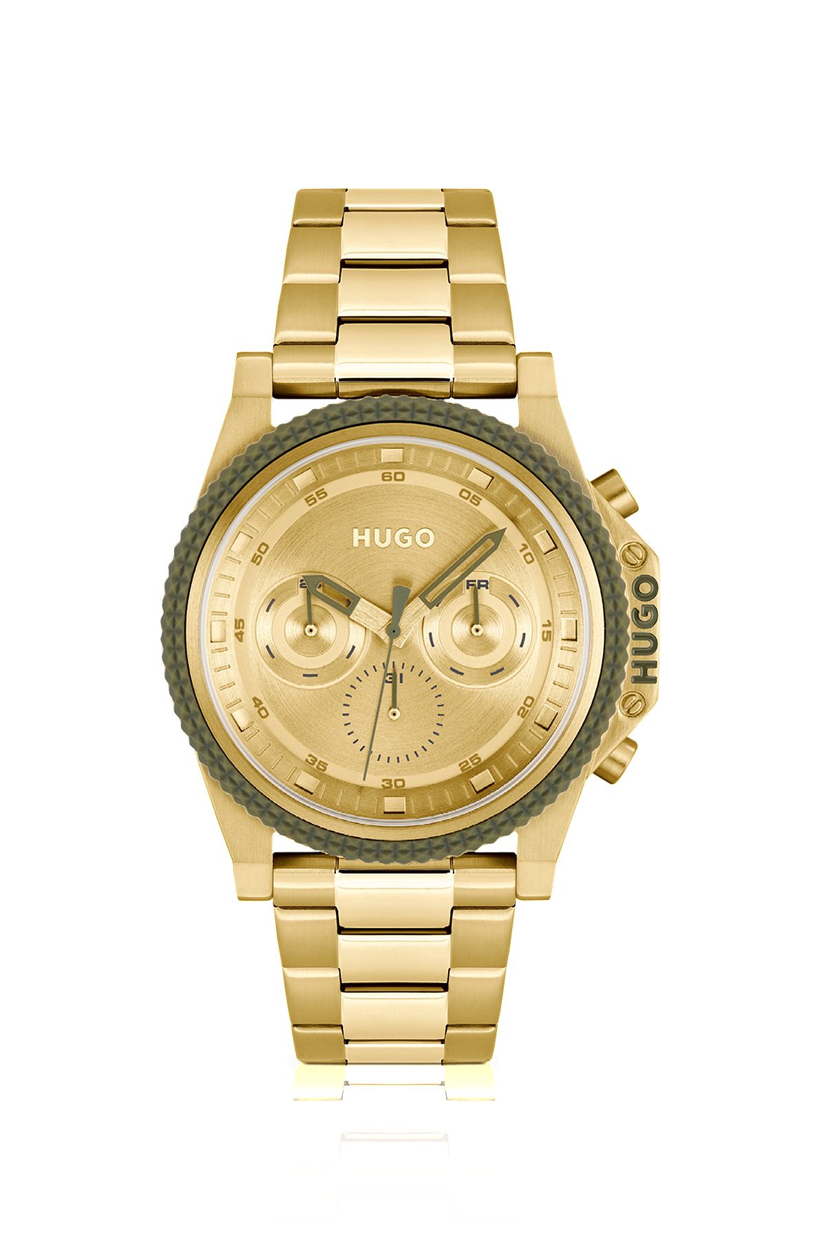 Reloj con pulsera de eslabones y esfera dorada, Oro