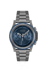 Link-bracelet watch with blue dial and denim bezel, Grey