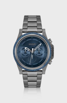 Uhr mit Gliederarmband, blauem Zifferblatt und Denim-L&uuml;nette, Grau