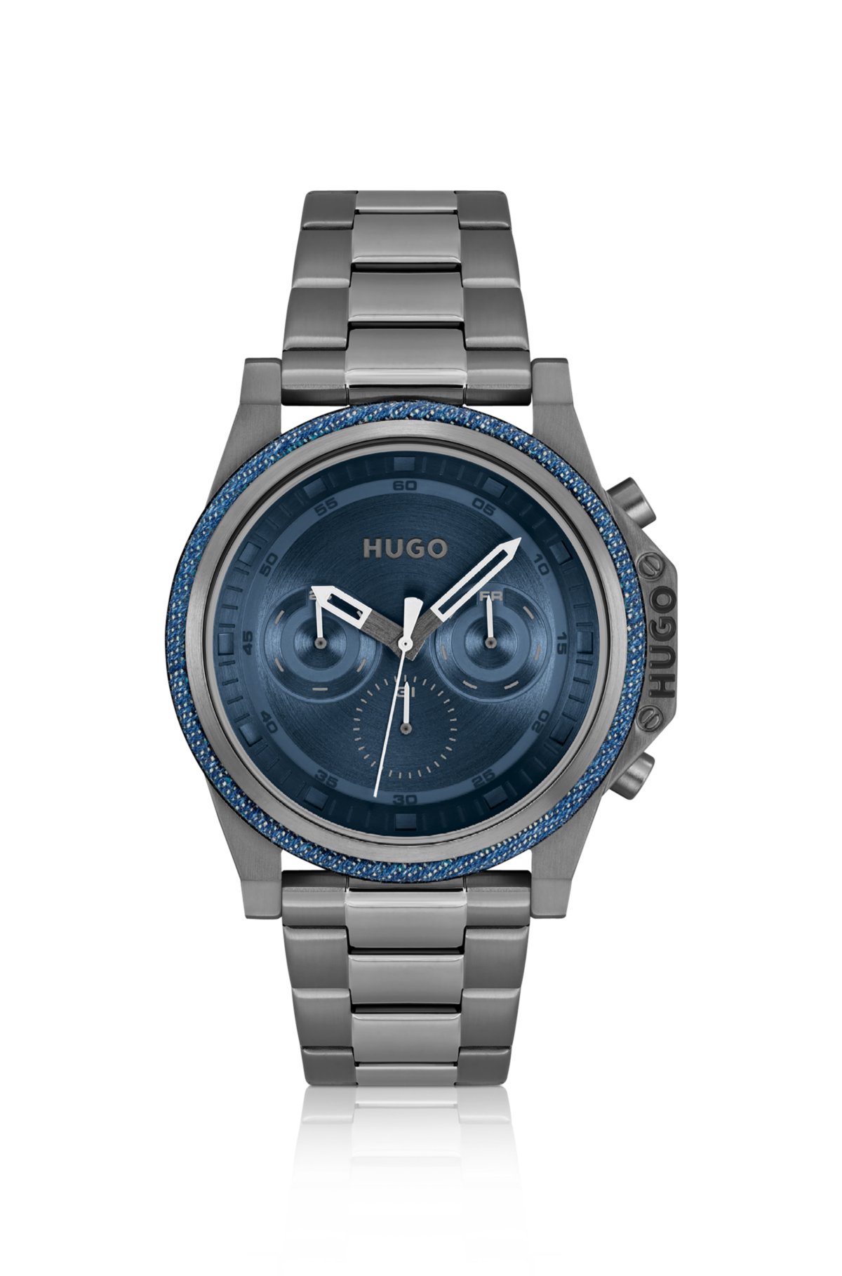 Link-bracelet watch with blue dial and denim bezel, Grey