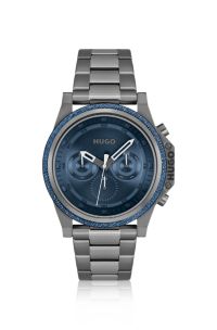 Montre &agrave; cadran bleu, lunette en denim et bracelet &agrave; maillons, Gris