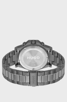Orologio con quadrante blu, lunetta in denim e bracciale a maglie, Grigio