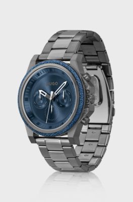 Uhr mit Gliederarmband, blauem Zifferblatt und Denim-L&uuml;nette, Grau