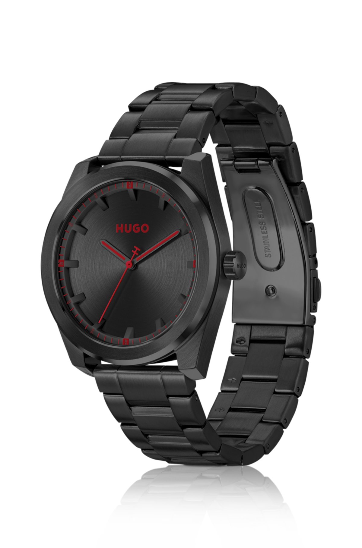 Link-bracelet watch with brushed black dial, Black