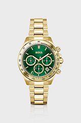 Link-bracelet multi-eye watch with green dial, Gold