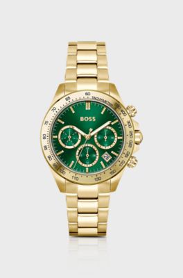 Uhr mit Gliederarmband, gr&uuml;nem Zifferblatt und Subeyes, Gold