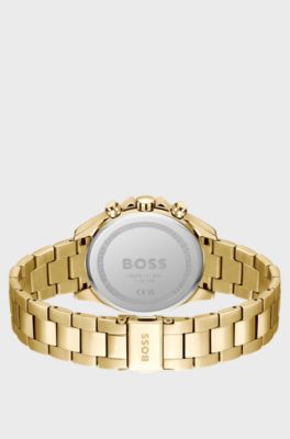 Link-bracelet multi-eye watch with green dial, Gold