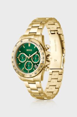 Link-bracelet multi-eye watch with green dial, Gold