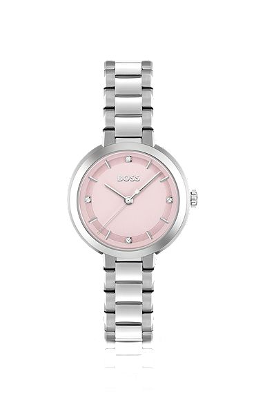 Horloge met geschakelde polsband en roze wijzerplaat met kristallen studs, Zilver