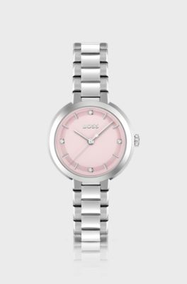 Link-bracelet watch with pink crystal-studded dial, Silver