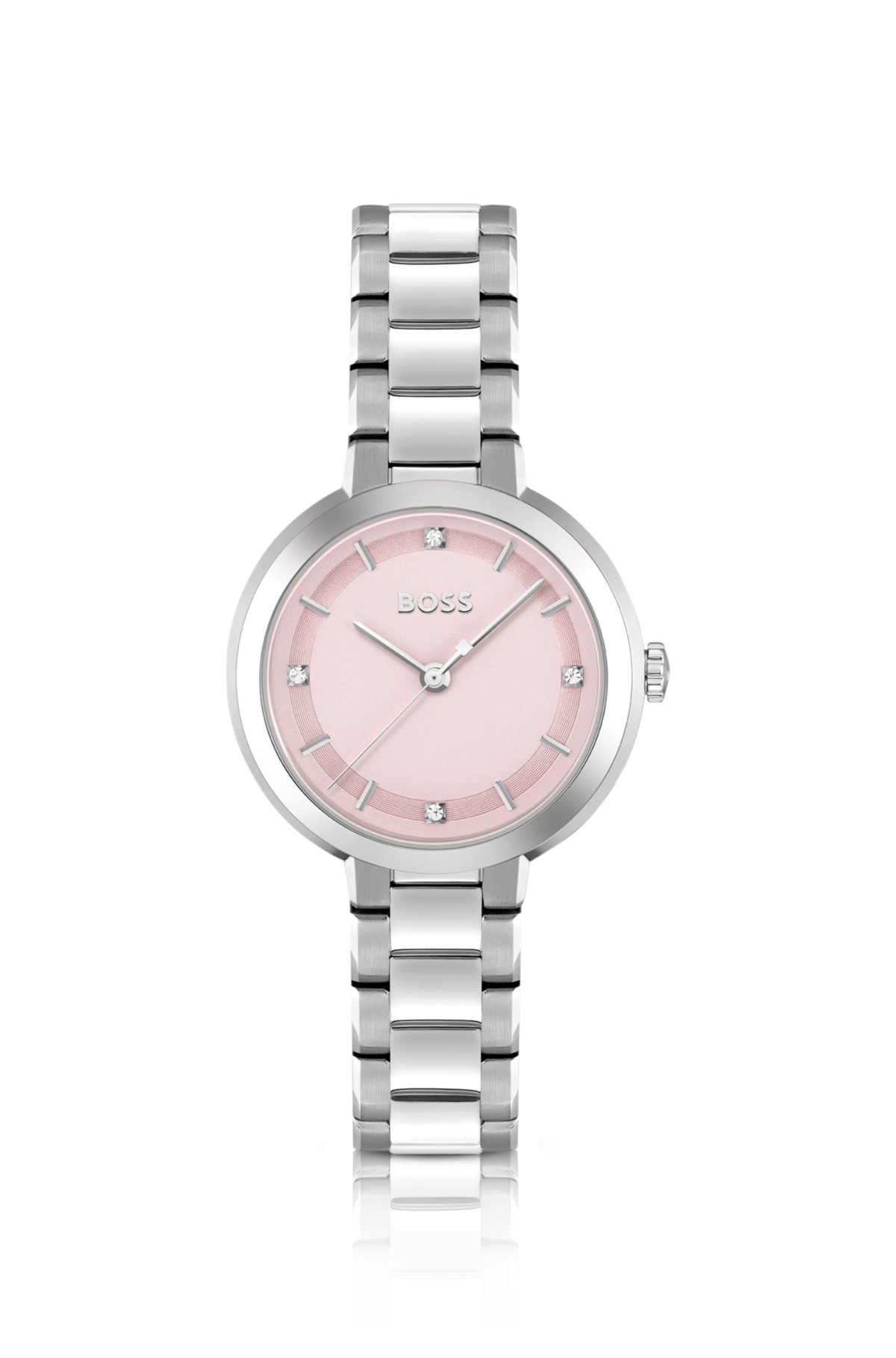 Link-bracelet watch with pink crystal-studded dial, Silver