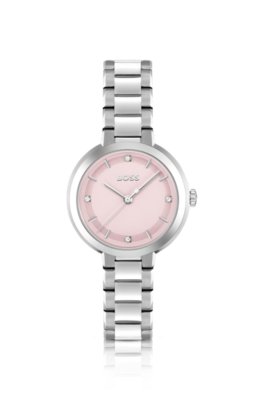 Montre à cadran rose orné de strass et bracelet à maillons