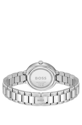 Link-bracelet watch with pink crystal-studded dial, Silver