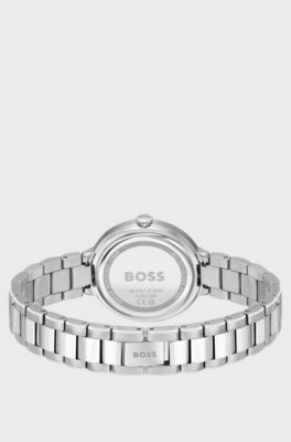 Link-bracelet watch with pink crystal-studded dial, Silver