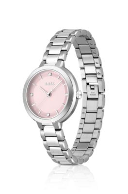 Link-bracelet watch with pink crystal-studded dial, Silver