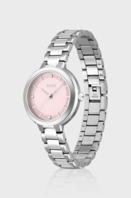 Link-bracelet watch with pink crystal-studded dial, Silver