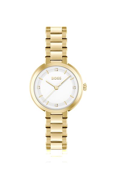 Uhr mit Gliederarmband und silber-weißem Zifferblatt mit Kristallen, Gold