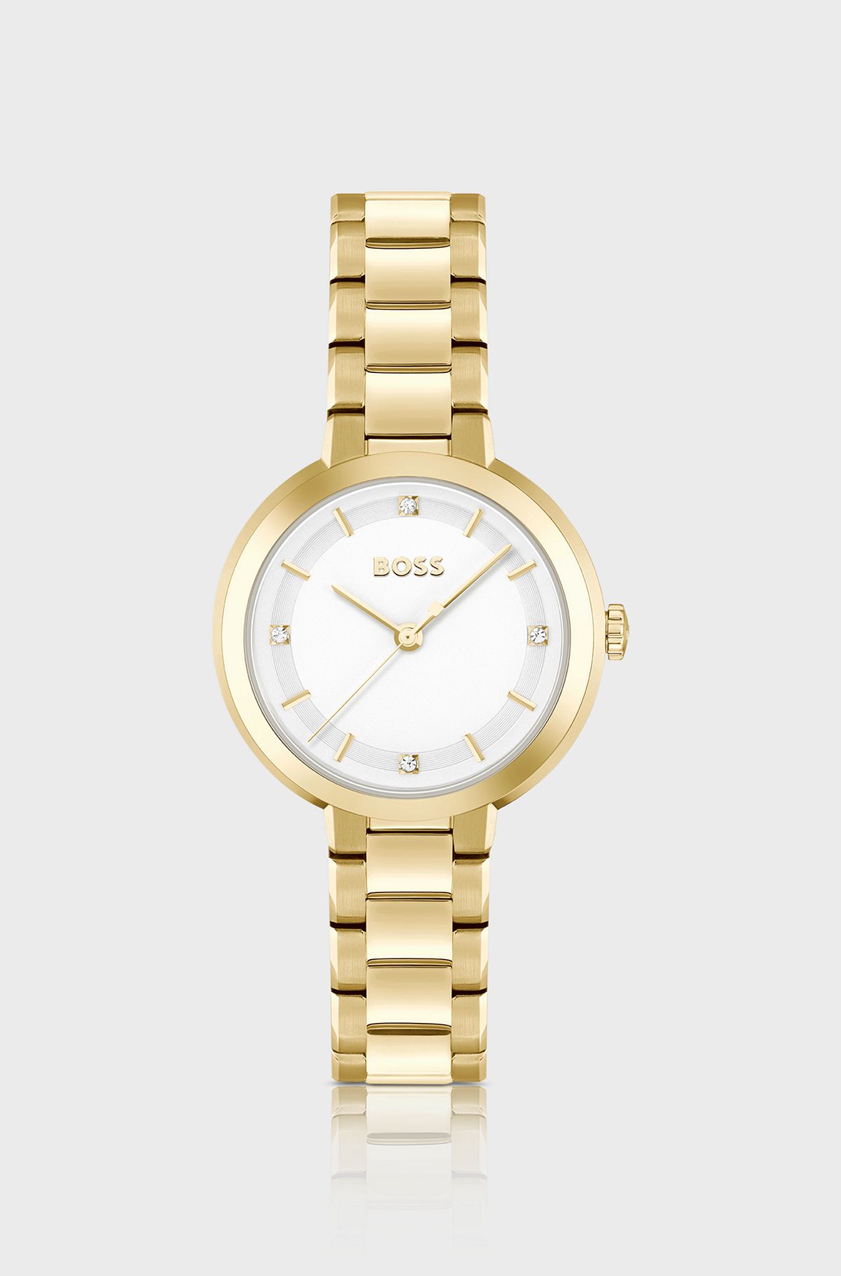 Link-bracelet watch with silver-white crystal-studded dial, Gold