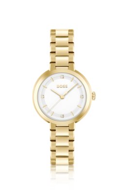 Montre avec bracelet à maillons et cadran blanc argenté orné de strass