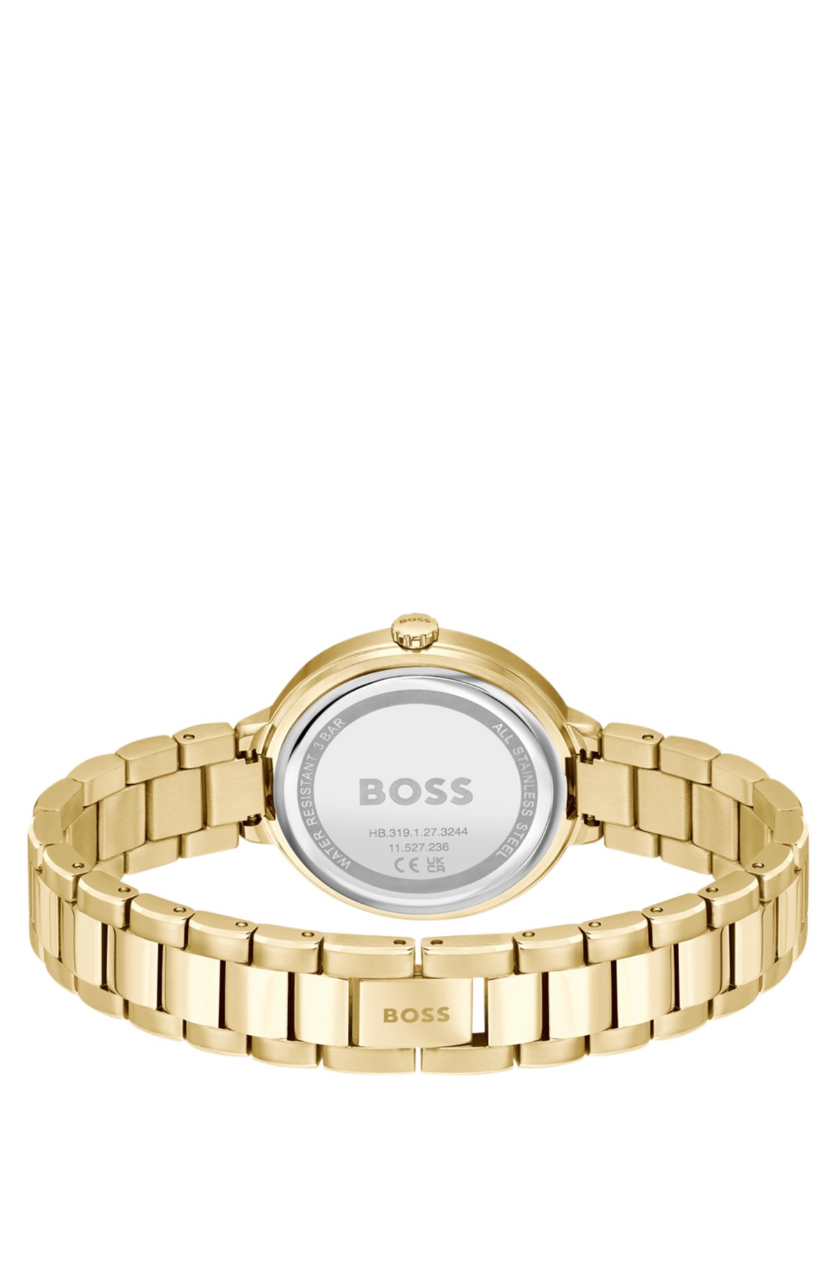 Link-bracelet watch with silver-white crystal-studded dial, Gold