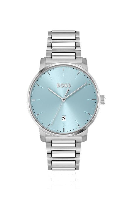 Horloge met lichtblauwe wijzerplaat en polsband met H-schakels, Zilver