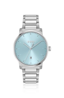 Montre à cadran bleu clair et bracelet à maillons en H