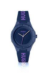 Horloge met auberginekleurige wijzerplaat en siliconen logoband, Blauw