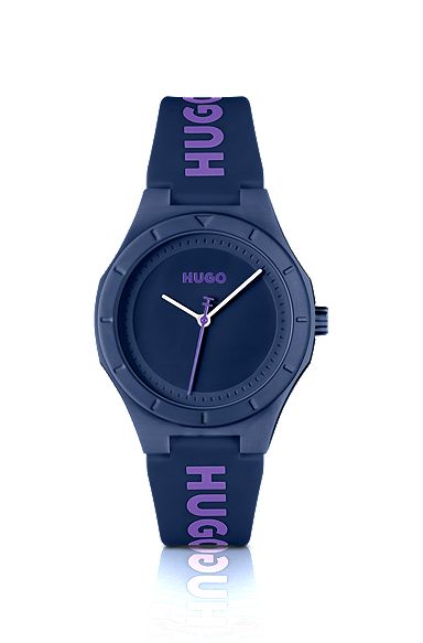 Horloge met auberginekleurige wijzerplaat en siliconen logoband, Blauw