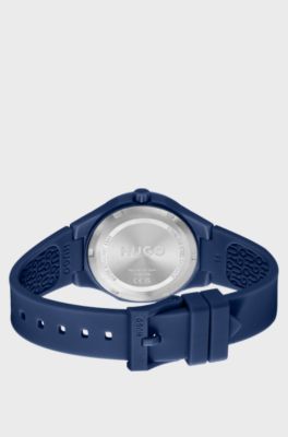 Horloge met auberginekleurige wijzerplaat en siliconen logoband, Blauw