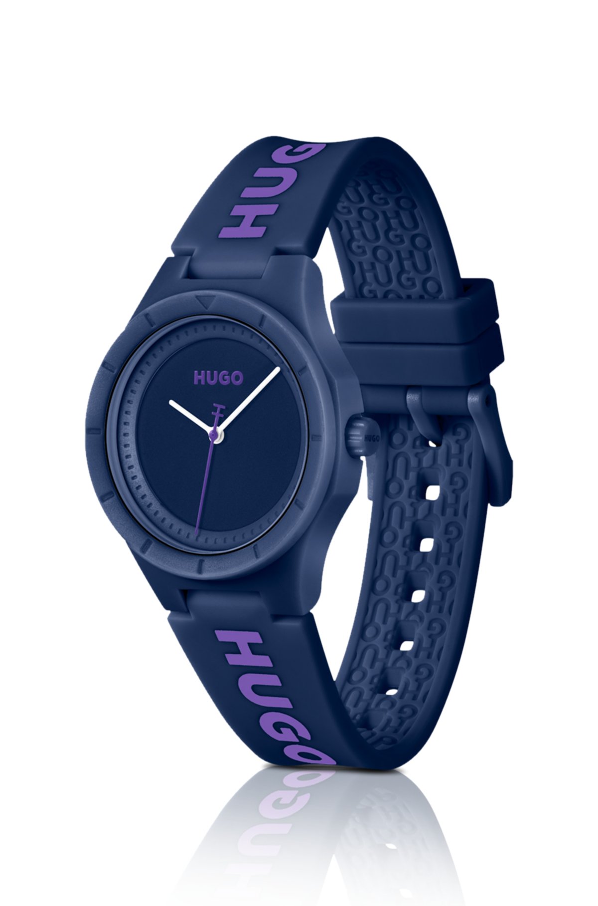 Branded-silicone-strap watch with aubergine dial, Blue