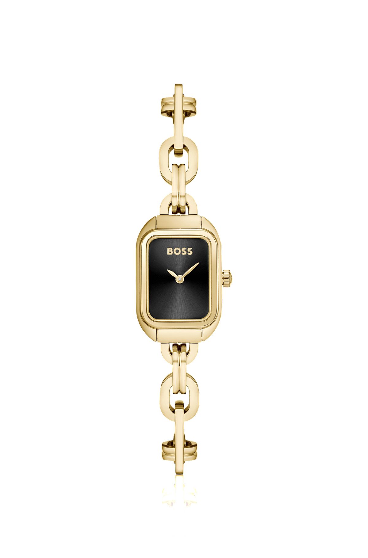 Uhr mit schwarzem Zifferblatt und Gliederarmband, Gold