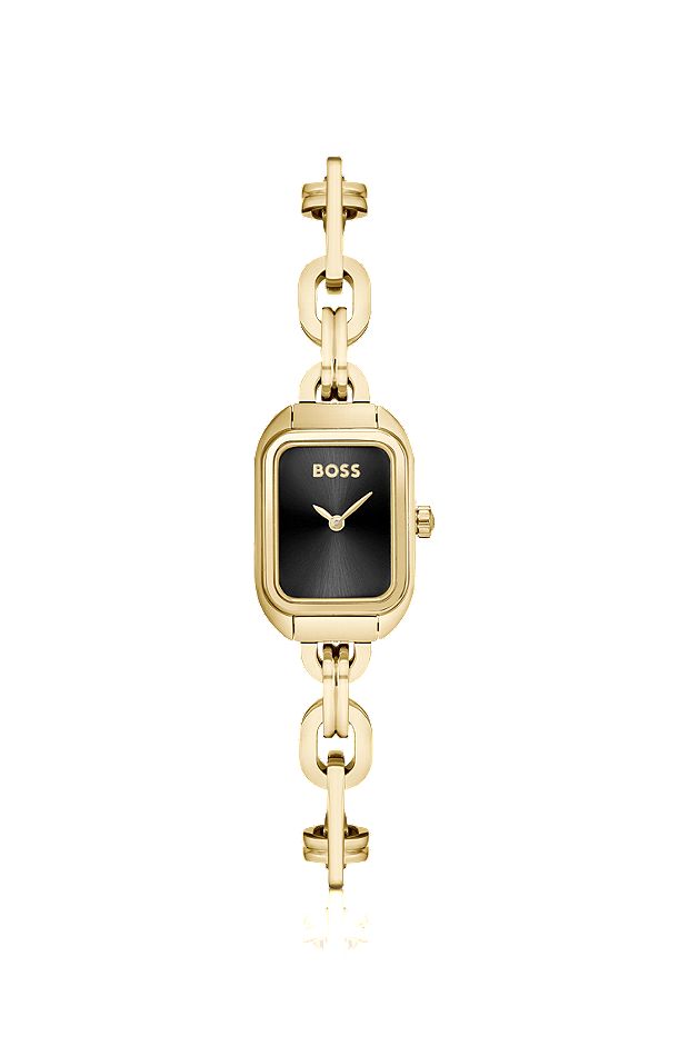 Uhr mit schwarzem Zifferblatt und Gliederarmband, Gold