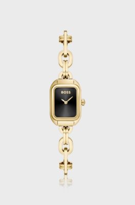 Uhr mit schwarzem Zifferblatt und Gliederarmband, Gold