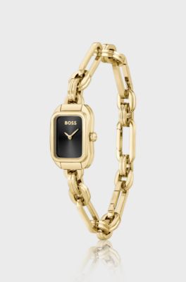 Uhr mit schwarzem Zifferblatt und Gliederarmband, Gold