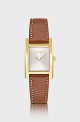 Leather-strap watch with brushed silver-white dial, Brown