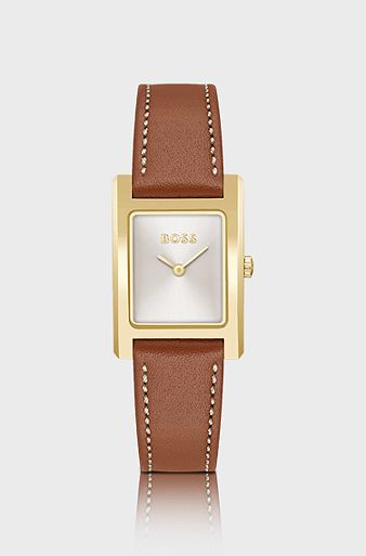 Leather-strap watch with brushed silver-white dial, Brown