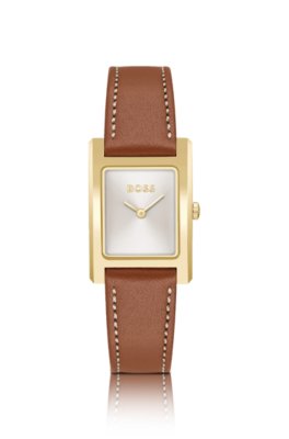 Montre à cadran blanc argenté et bracelet en cuir