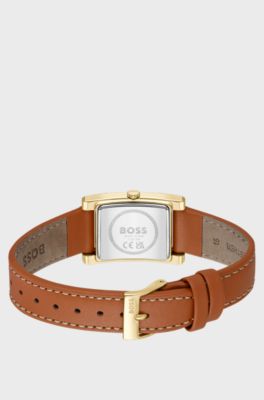 Leather-strap watch with brushed silver-white dial, Brown